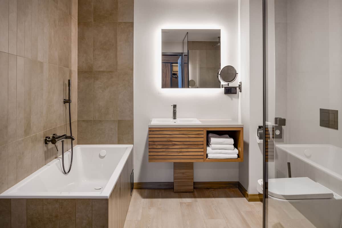 shower, rainfall showerhead, designer toiletries, towels