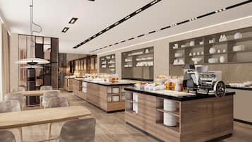 Una cocina moderna con una isla central, armarios de madera y una cafetera.