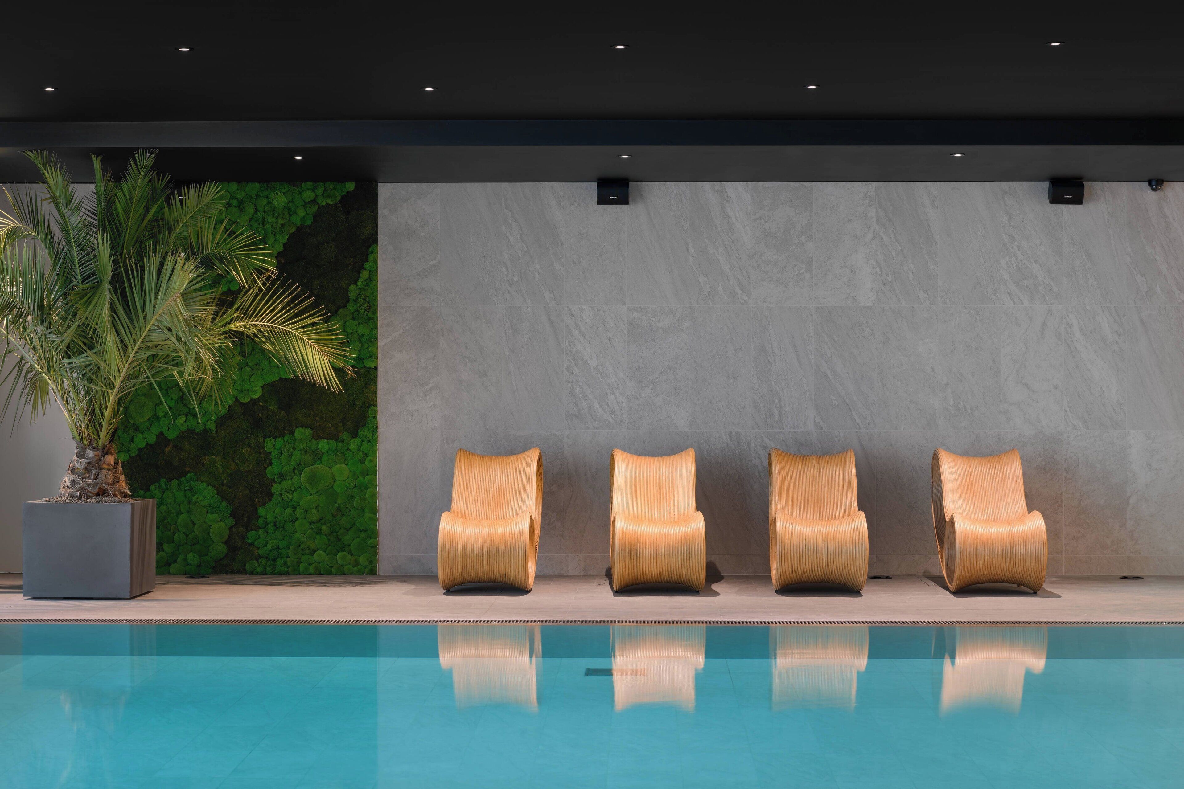 Zona junto a la piscina con cuatro sillones de madera alineados contra una pared, un macetero con planta verde y una pared gris con textura.