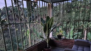 A room with a large window, a potted plant, a brick wall, and a chair.