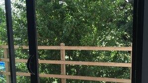 A wooden deck with a metal railing, overlooking a lush green area. - LOFT P'TITE POMME with SPA (Azay-le-Rideau)