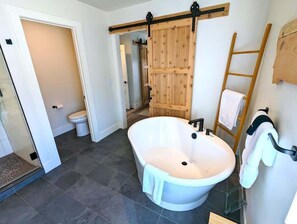 Combined shower/tub, hair dryer, shampoo