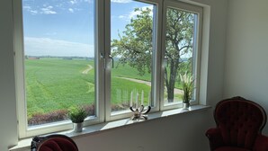 Una habitación con un ventanal grande que da a un campo verde y un árbol. Hay dos sillas rojas y una pequeña planta en maceta en el alféizar.