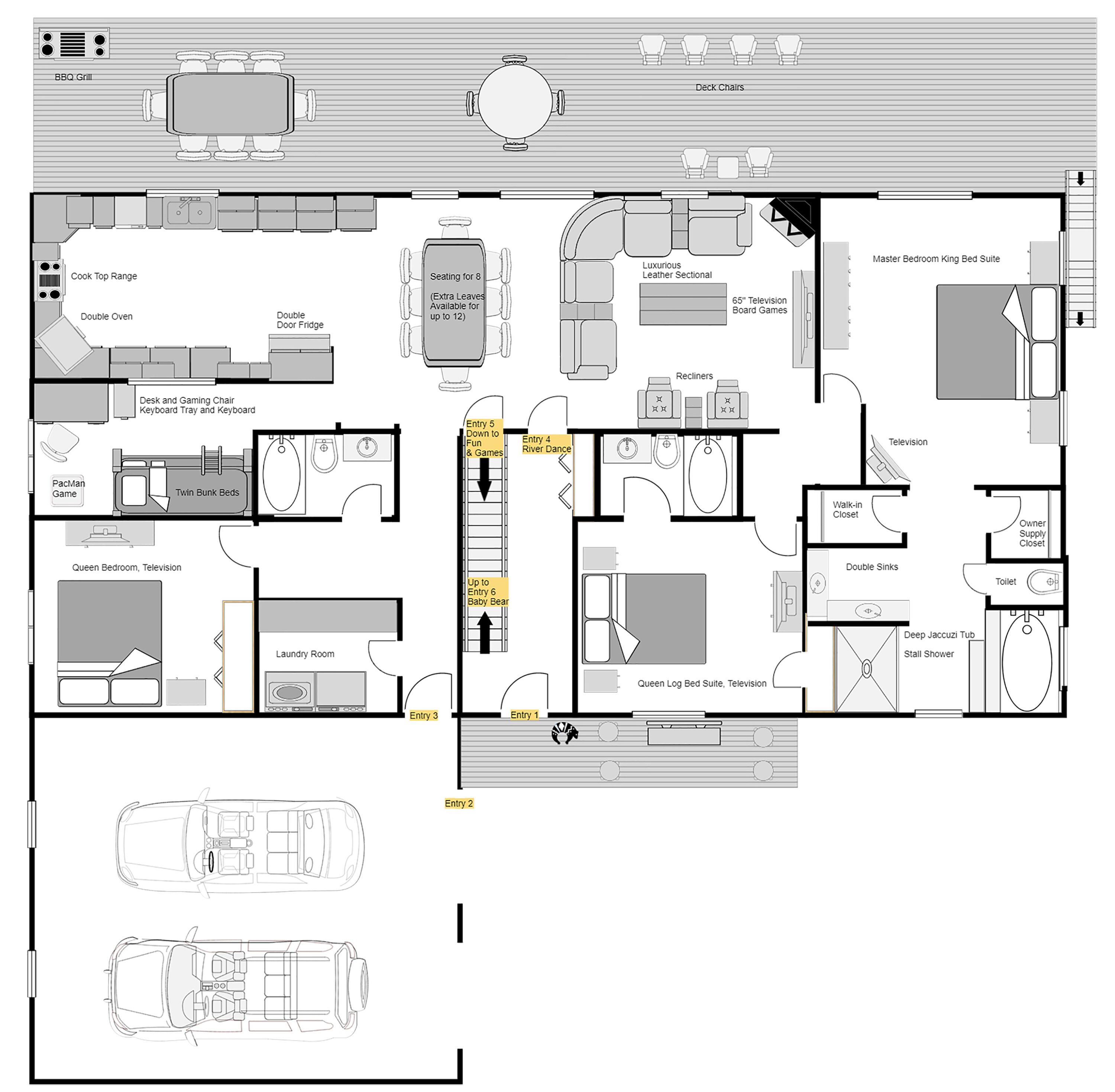 A floor plan of a hotel with a BBQ Grill, seating for 8, a cook top range, a double oven, a queen bedroom with a television, a laundry room, and a master bedroom king bed suite.