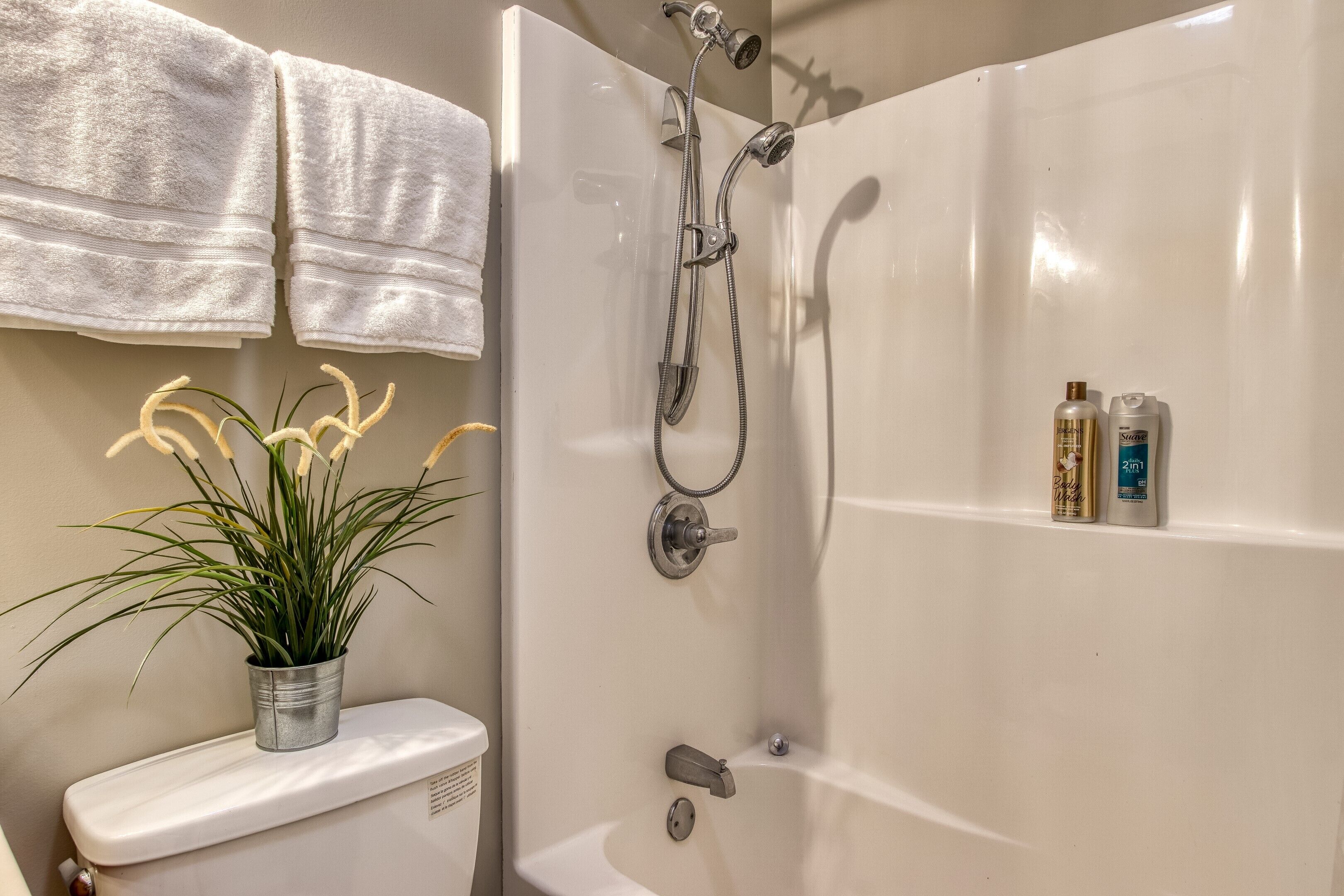 A bathroom with a shower, a toilet, a shelf with toiletries, and a potted plant.