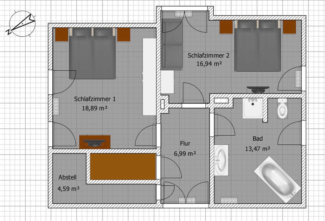Pianta degli interni di una camera d'albergo con due camere da letto, un bagno, un soggiorno e un balcone.