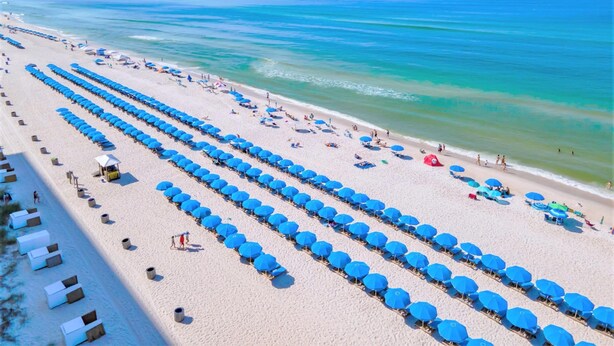A beach with rows of blue umbrellas and white beach chairs, a sandy shore, and the ocean in the background.