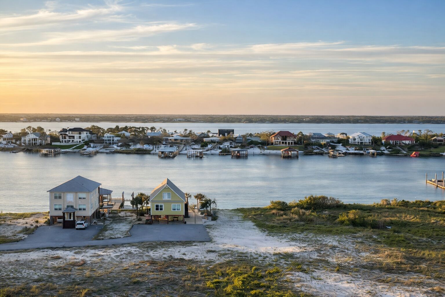 A coastal residential area with houses and docks along the water.