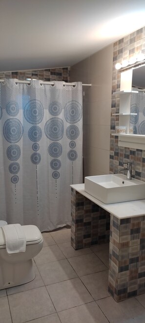 Standard Double Room | Bathroom | Shower, hair dryer, towels, soap