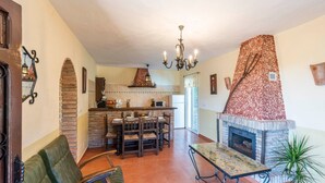 A cozy living room with a fireplace, a dining area with a table and chairs, and a kitchen with a brick backsplash and a hanging light fixture.