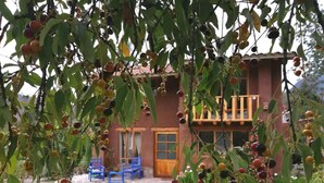 Ein rustikales Haus mit Veranda, umgeben von einem Garten mit Obstbäumen.