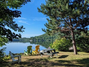 Un cadre agréable au bord du lac, avec des sièges en plein air et une table de pique-nique.