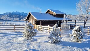 A wooden cabin with a sloped roof, surrounded by snow-covered trees and a clear sky.