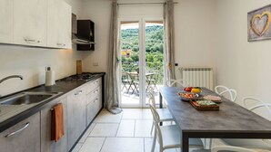 Et moderne køkken med gasblus, vask og skabe. Der er et spisebord med stole og udsigt til et grønt landskab gennem en glasdør.