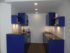 A modern kitchen with blue cabinetry, a stainless steel countertop, and a built-in oven. - Sunnmatt Süd Wohnung 245 Appartement/Fewo 4-Bettwohnung by Interhome (Engelberg)