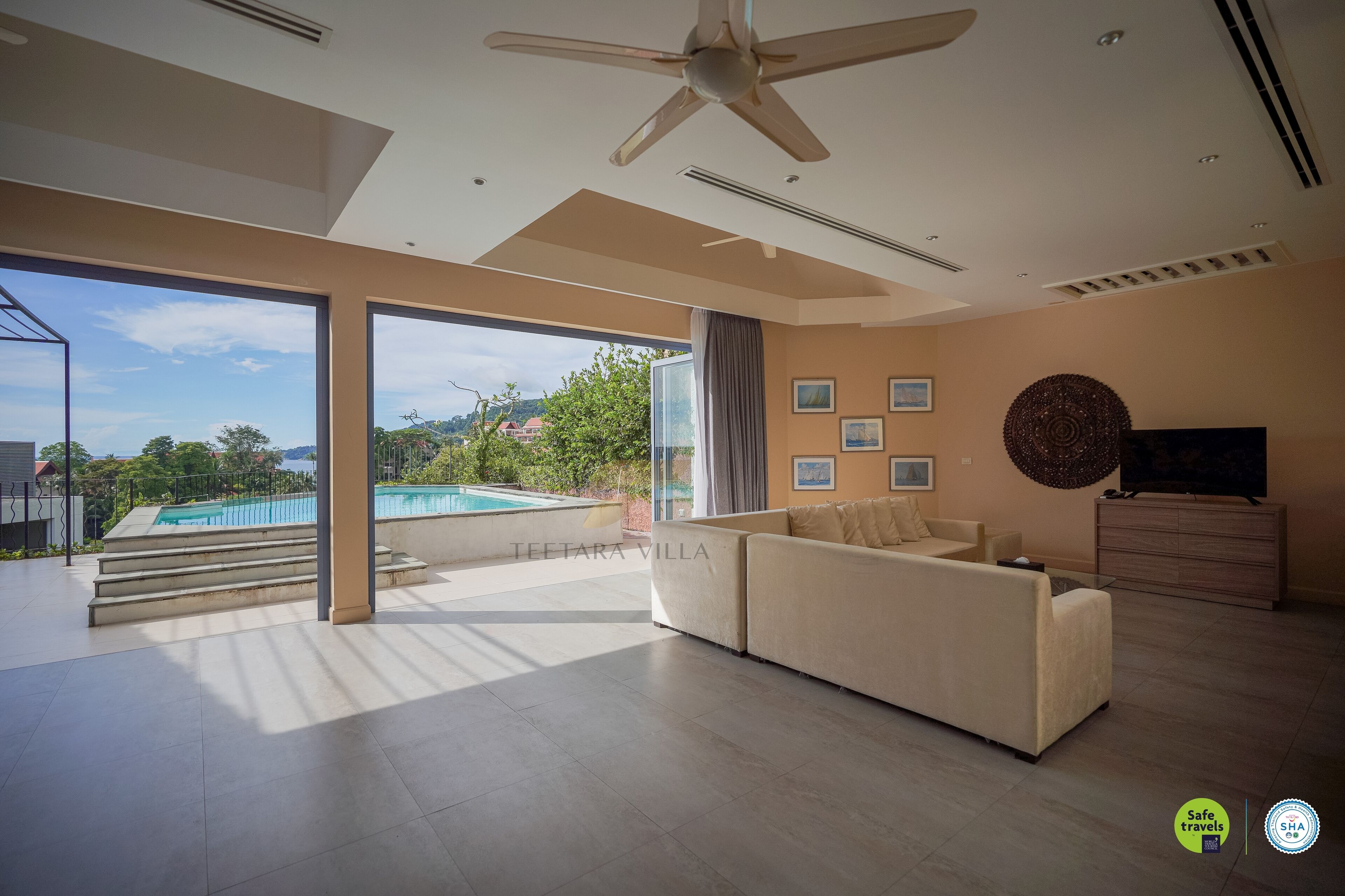Family Villa, 5 Bedrooms, Partial Sea View | Living area | 50-inch LED TV with digital channels, TV, Netflix
