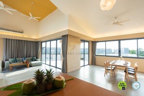 Family Villa, 4 Bedrooms, Partial Sea View | Living area | 50-inch LED TV with digital channels, TV, Netflix