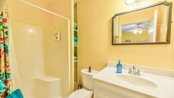 Duschwanne, Haartrockner, Handtücher, Seife