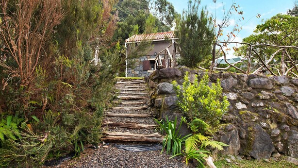 A stone staircase leading to a rustic building surrounded by dense vegetation. - Vacation Chalet "The Perfect Cottage" with Mountain View & Wi-Fi (São Vicente)