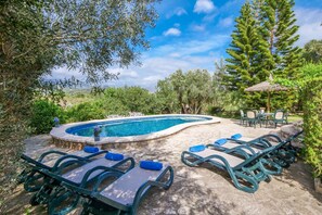 A swimming pool with lounge chairs and a table, surrounded by greenery and trees.