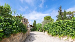 Un chemin de pierre mène à un bâtiment à la façade rustique, entouré d’une végétation luxuriante et d’arbres.