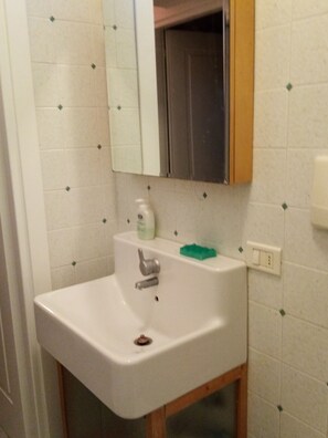 A bathroom with a white sink, a mirror above it, and a green soap dish.