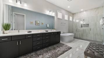 Bathtub, hair dryer, towels, soap