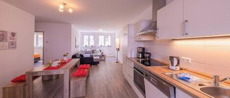 Fridge, oven, dishwasher, highchair