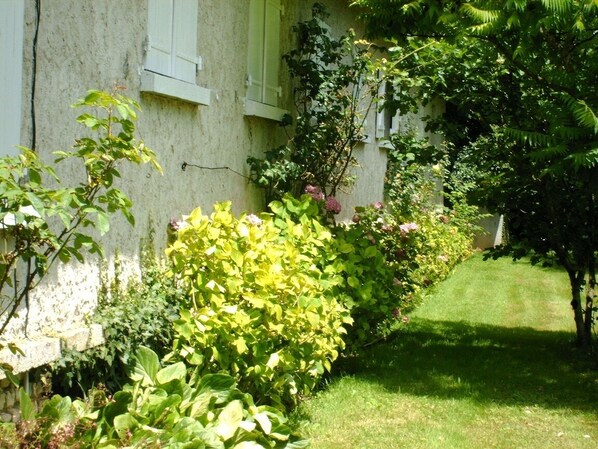 A garden with a variety of plants and a building with white shutters. - Peace and quiet on a private island in a bucolic setting. (Barro)