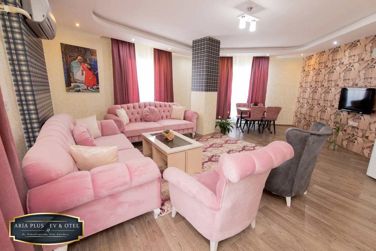 A modern living room with a pink sofa, a gray armchair, a coffee table, and a TV mounted on the wall.
