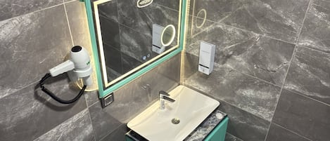 Shower, rainfall showerhead, hair dryer, slippers