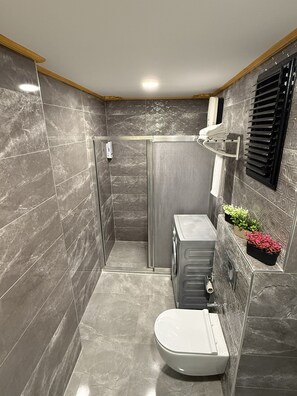 Shower, rainfall showerhead, hair dryer, slippers