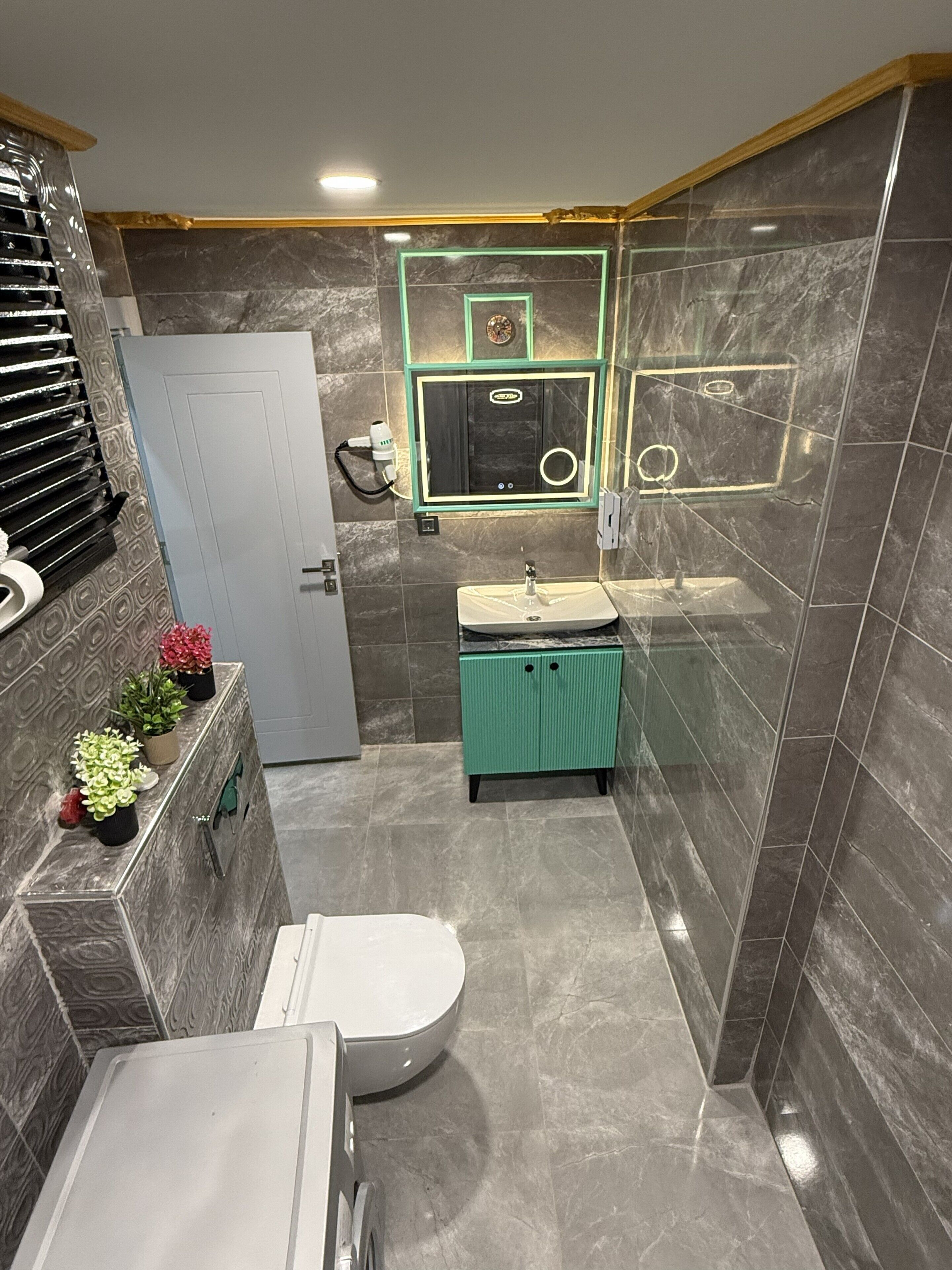 Shower, rainfall showerhead, hair dryer, slippers
