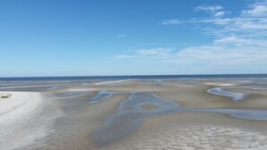 A beach with a wide expanse of sand and shallow water channels.