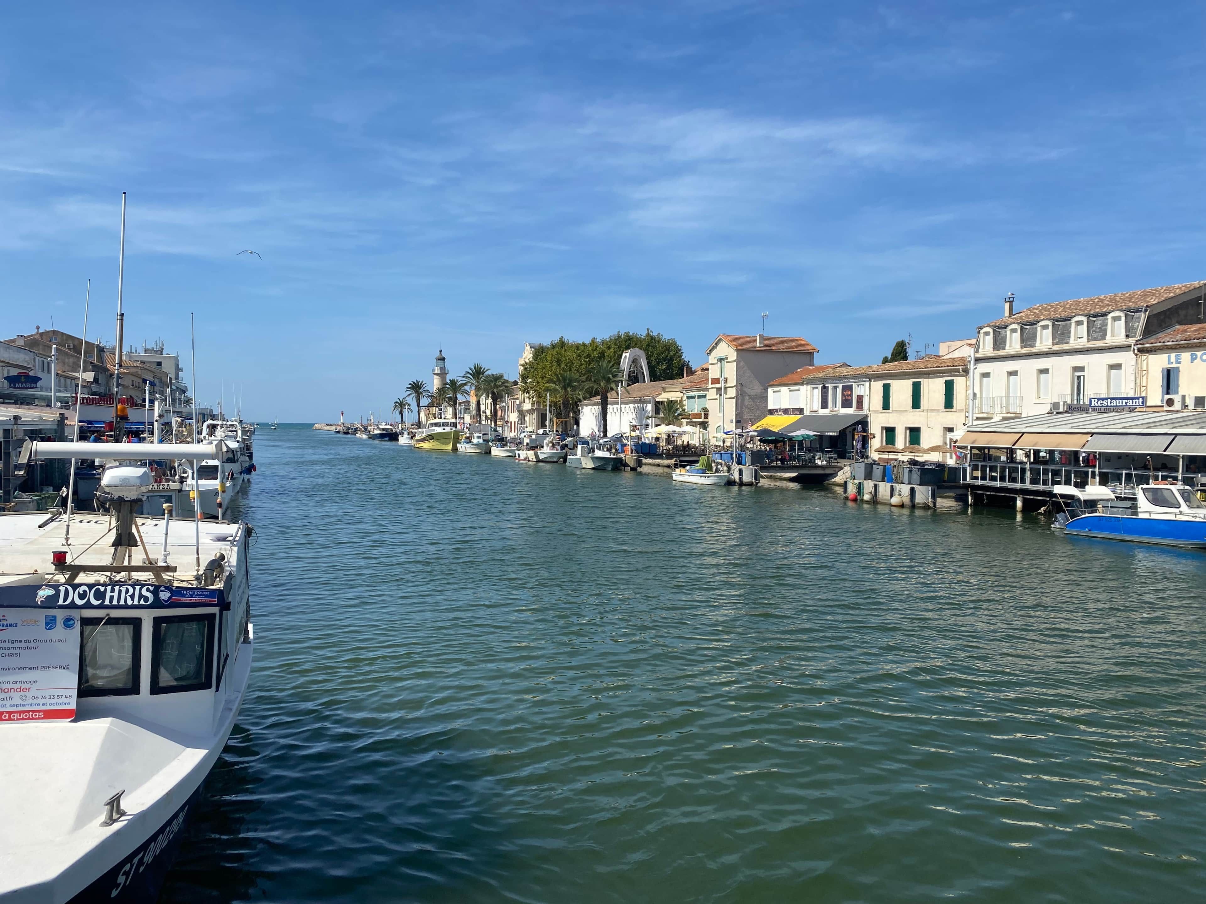 A marina with boats docked along a waterfront, buildings with shops and restaurants, and a clear sky.