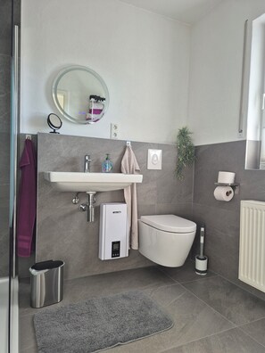 Shower, hair dryer, towels, soap
