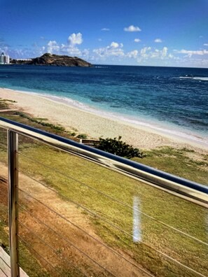 On the beach, sun loungers, beach towels
