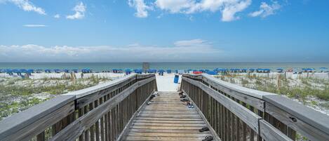 On the beach, sun-loungers, beach towels