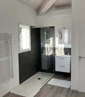 Combined shower/tub, hair dryer