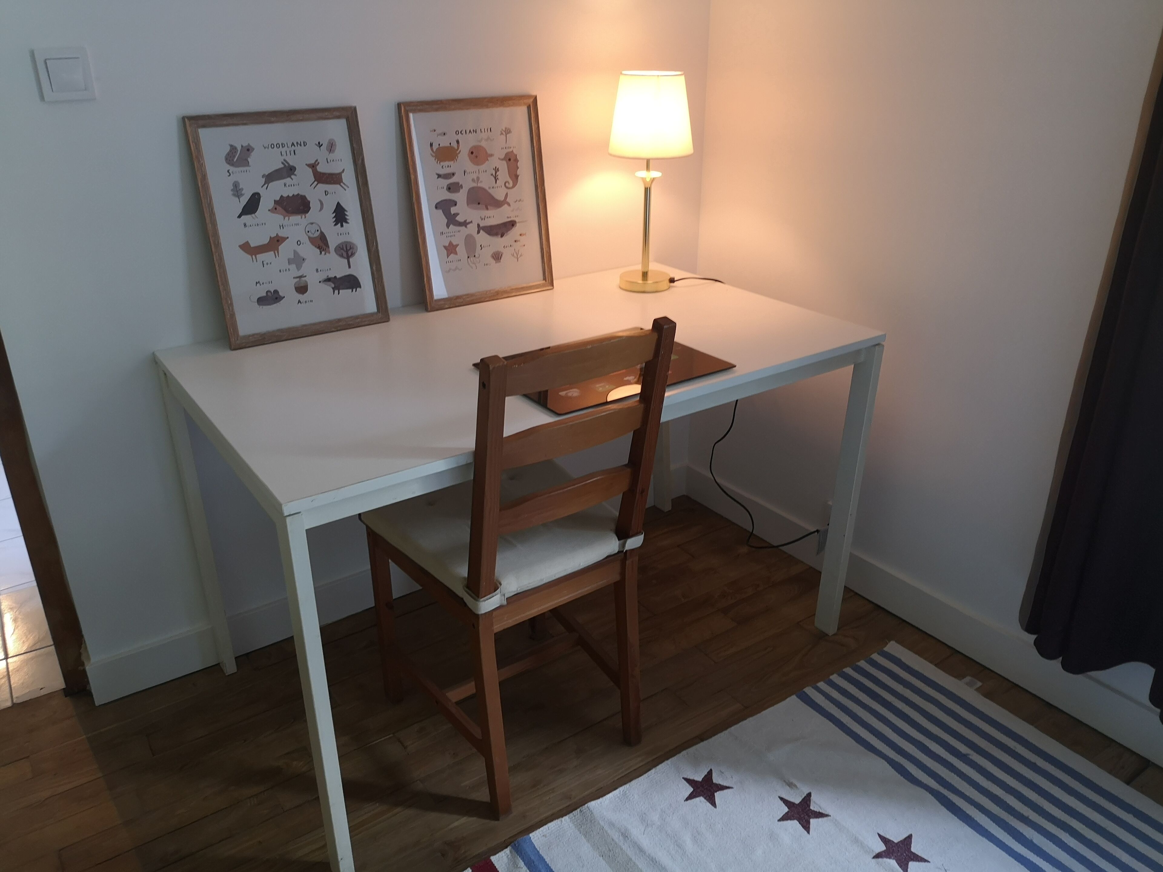 Un petit bureau blanc, une chaise en bois, une illustration encadrée représentant des animaux sauvages et une lampe.