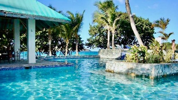 A clear blue pool with a tiled edge, surrounded by palm trees and a covered structure. - Lux King Suite On Sand @ Sapphire Beach Resort II (St Thomas)
