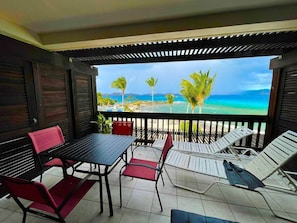 A covered outdoor seating area with a table and chairs, overlooking a beach with palm trees and the ocean.