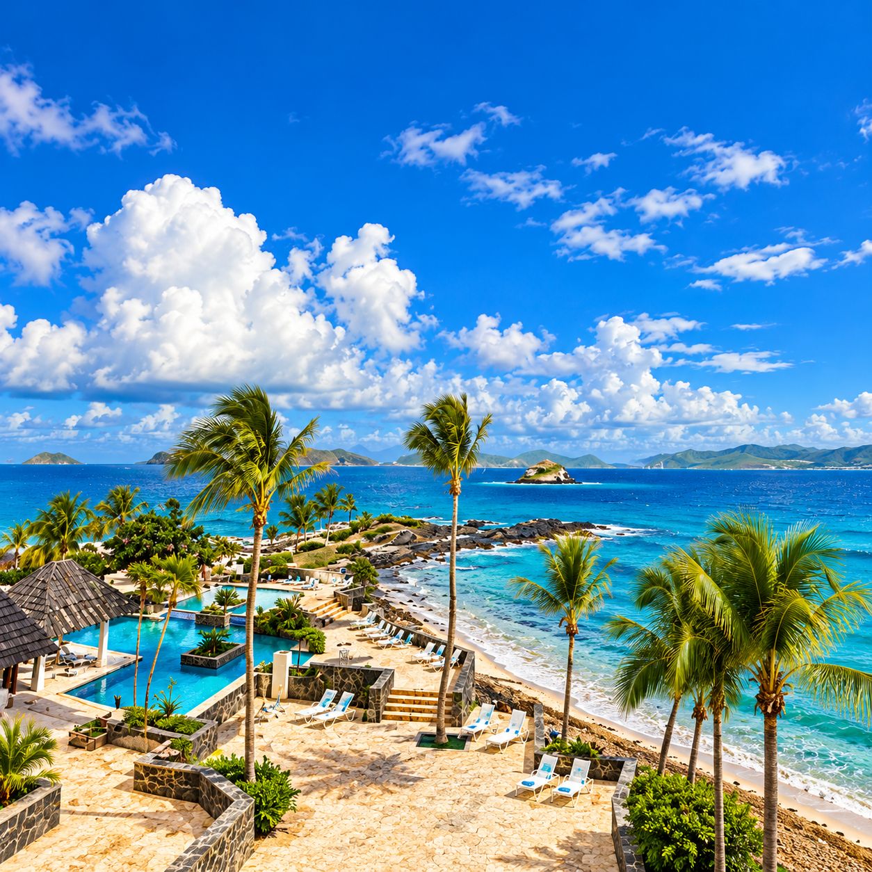 Ein Resort mit Pool, Strand und Palmen.