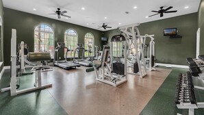 Un gimnasio con diversas máquinas de ejercicio, ventanas amplias y ventiladores de techo.