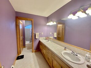 Combined shower/tub, hair dryer, bidet, towels