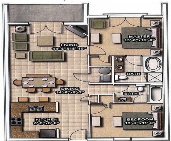 Plano de planta de un apartamento de dos habitaciones, con un dormitorio principal, sala de estar, comedor, cocina y dos baños.