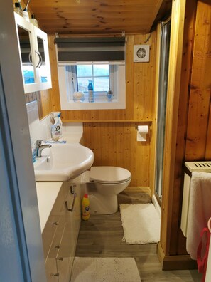 Een douche, een haardroger, handdoeken, zeep