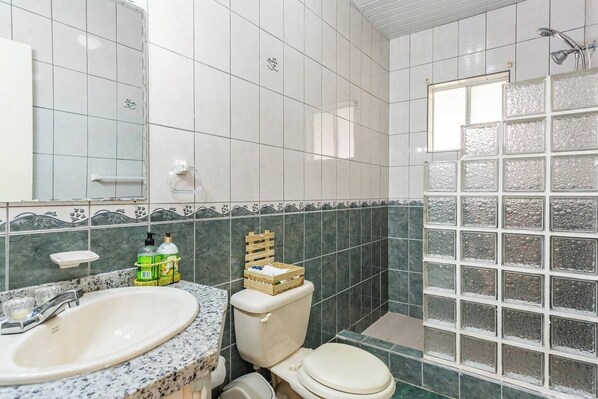 Un baño con lavamanos, inodoro y zona de ducha.
