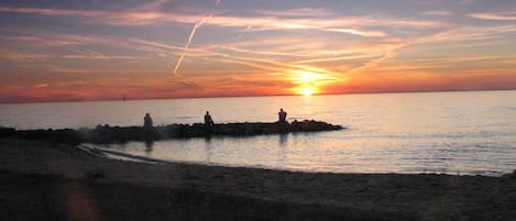 Plage à proximité, chaises longues, serviettes de plage