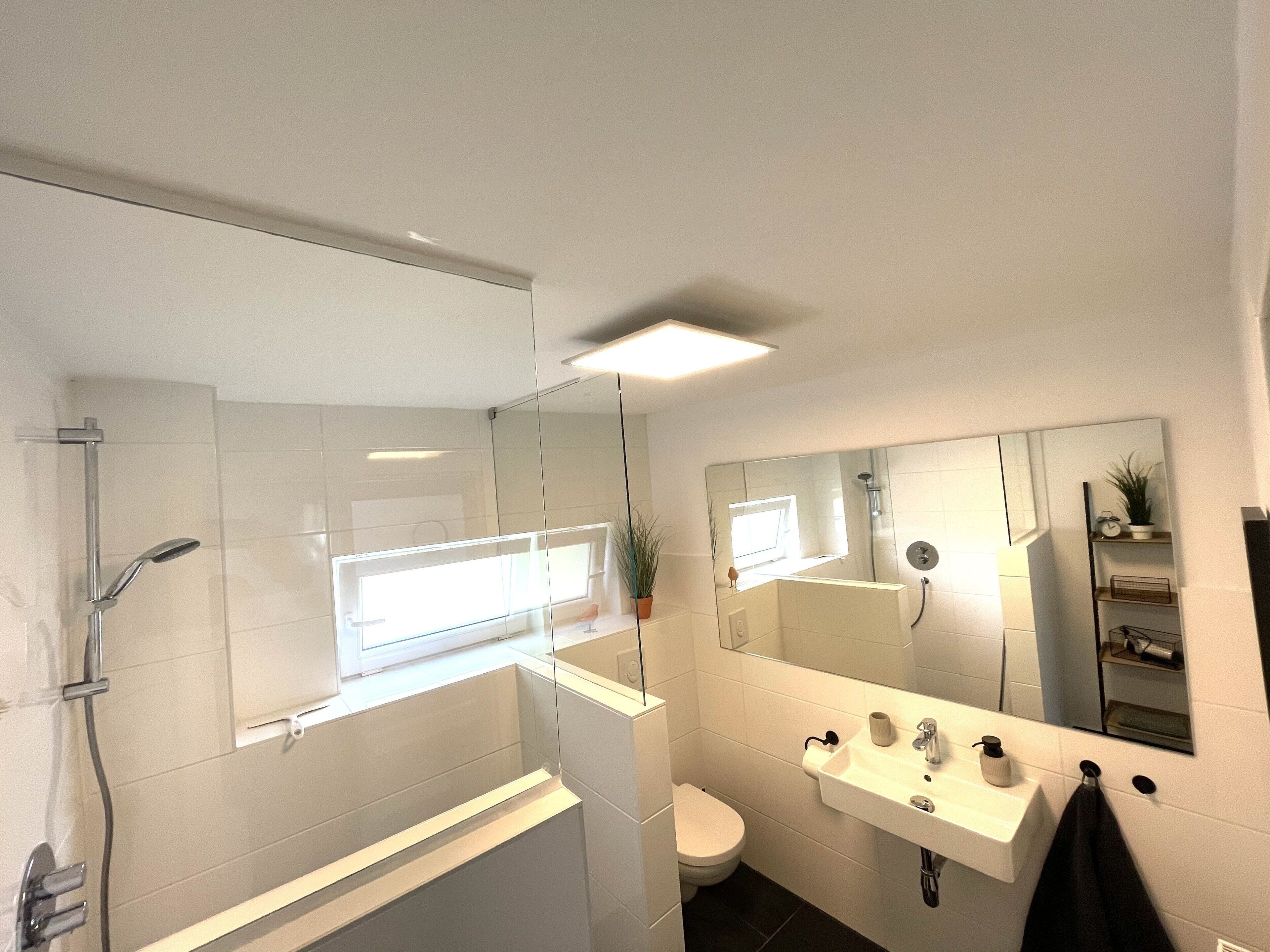 A modern bathroom with a glass shower enclosure, a toilet, a sink with a mirror above it, and a small window providing natural light.